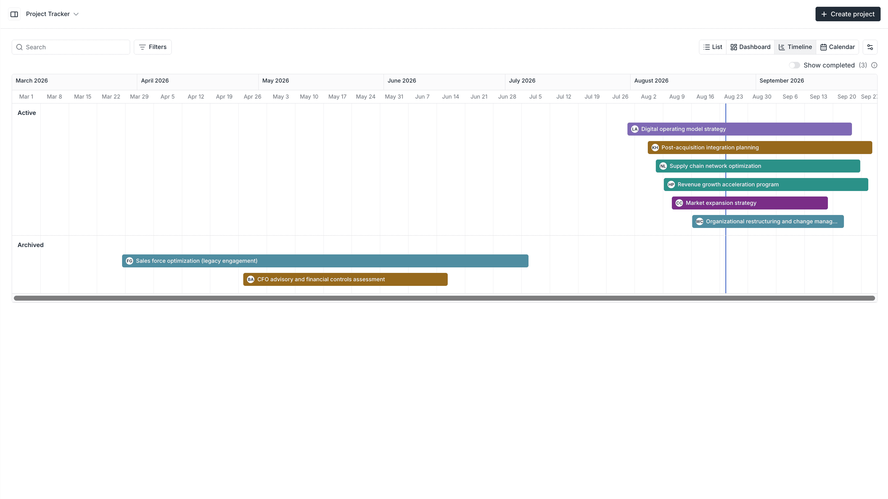 Client view of project progress and milestones in a branded client experience.